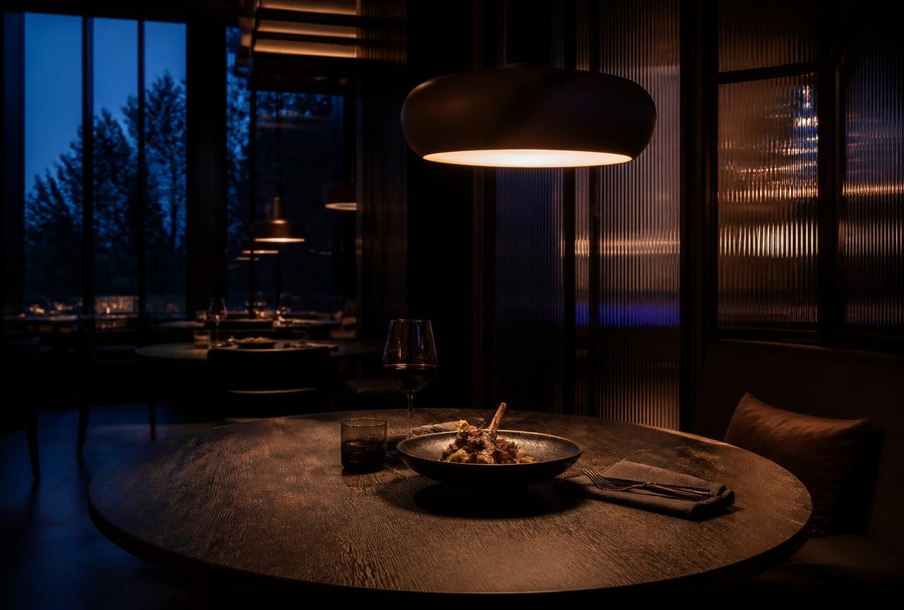 Warm restaurant interior used as the visual direction for the Ember & Oak concept